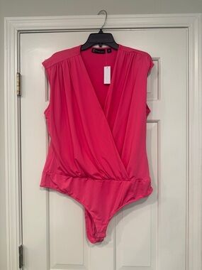Sleeveless Pink Surplice Bodysuit Top with shoulder pads